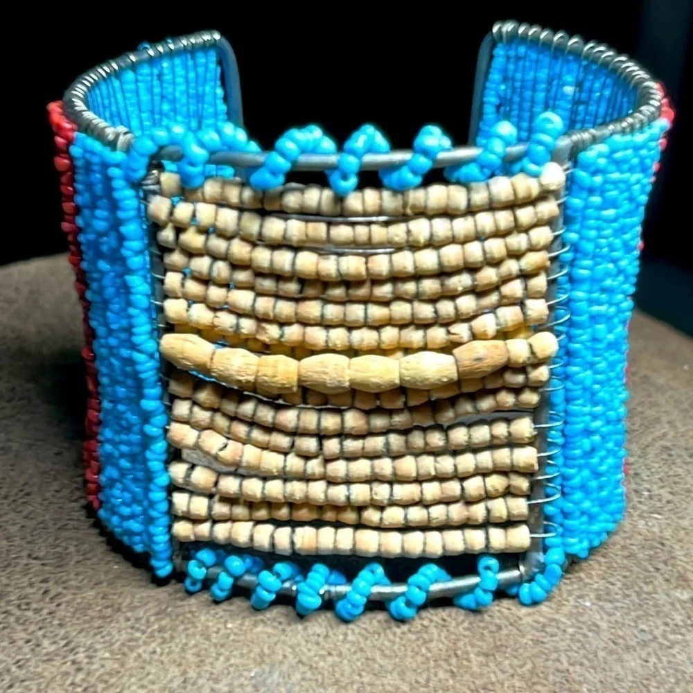 Artisan Handmade seed and wooden bead cuff bracelet 2.5” H